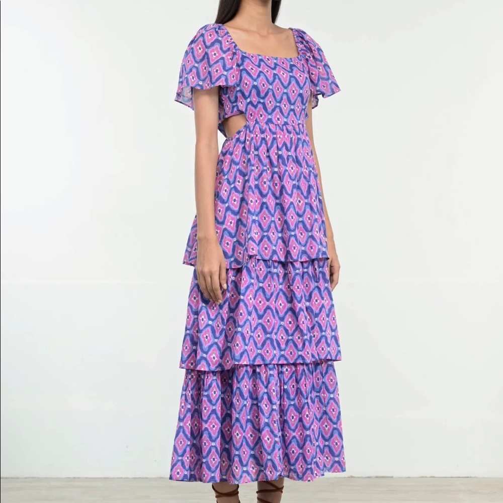 BANJANAN Bonnie Abstract Print Tiered Cutout organic cotton dress NWT